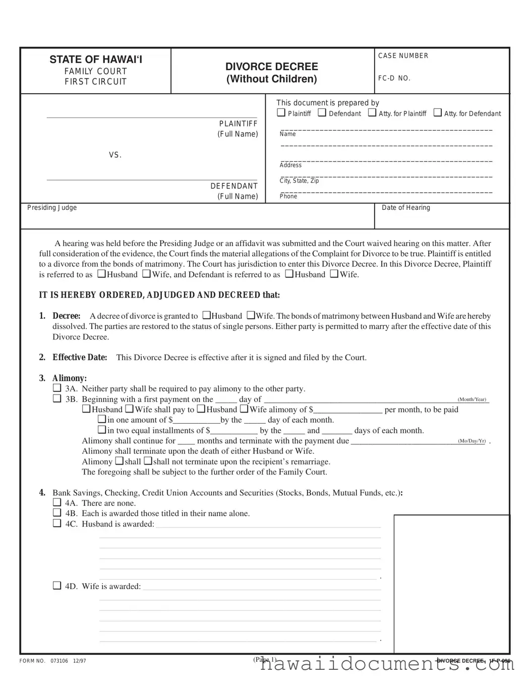 Fill Your Divorce Decree Hawaii Form