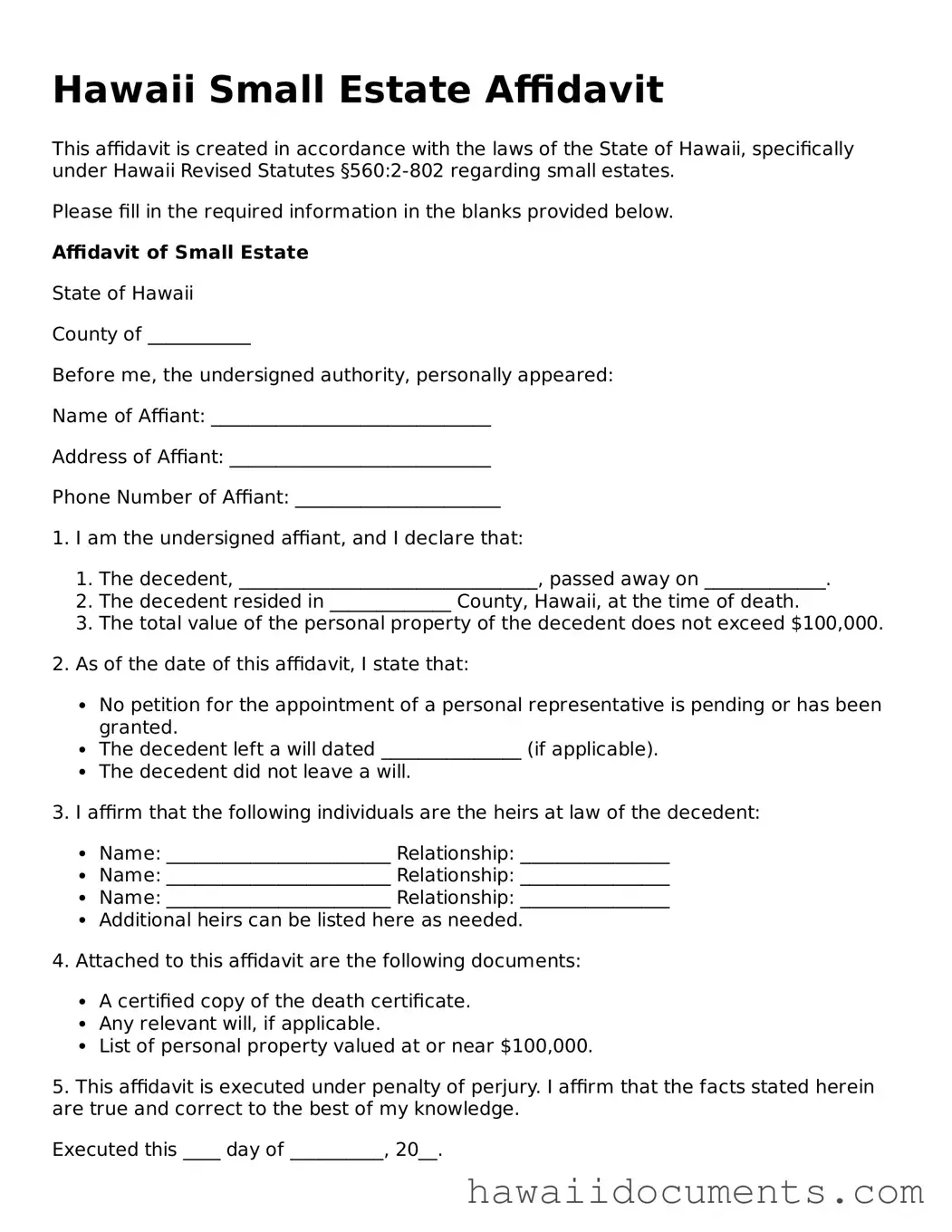 Printable  Small Estate Affidavit Form for Hawaii