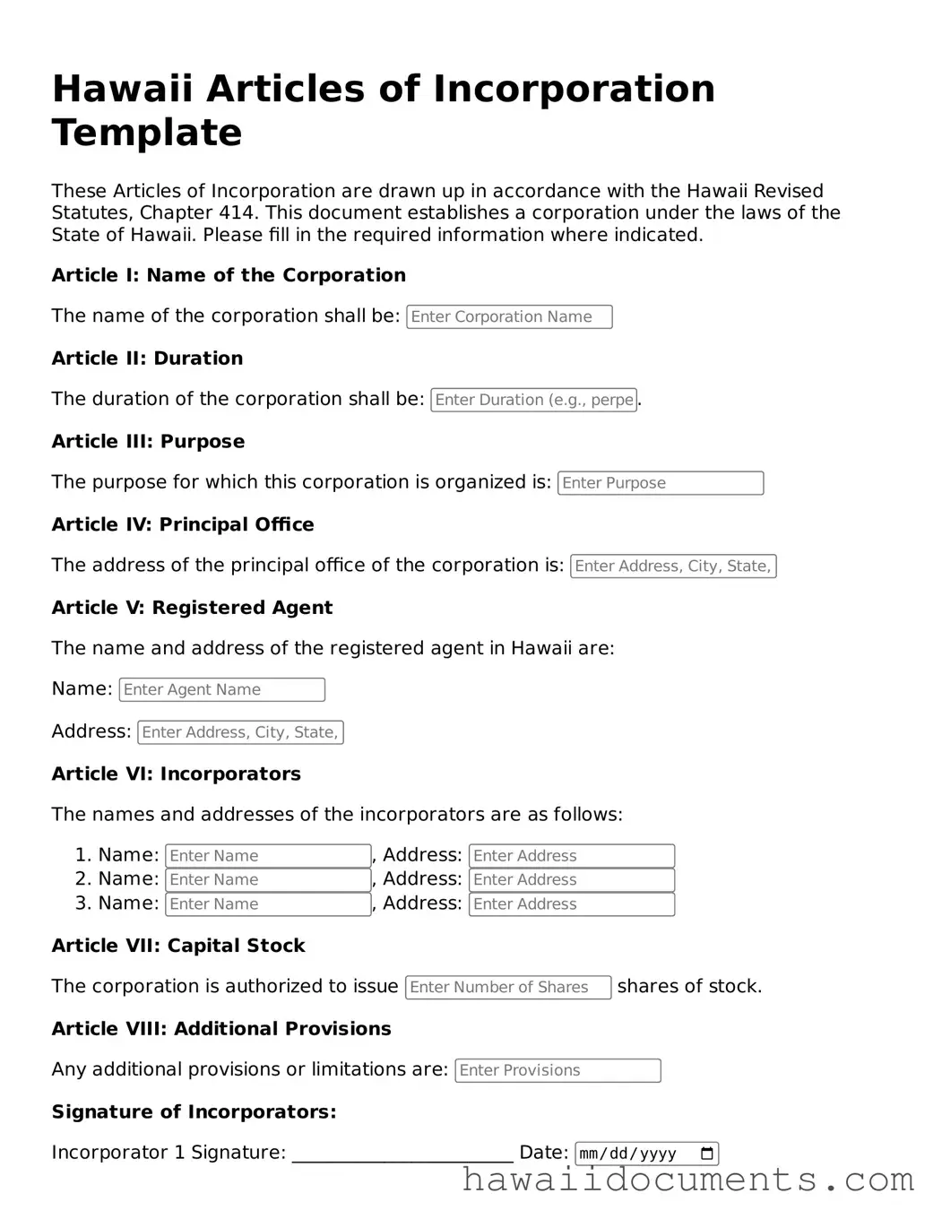 Printable  Articles of Incorporation Form for Hawaii