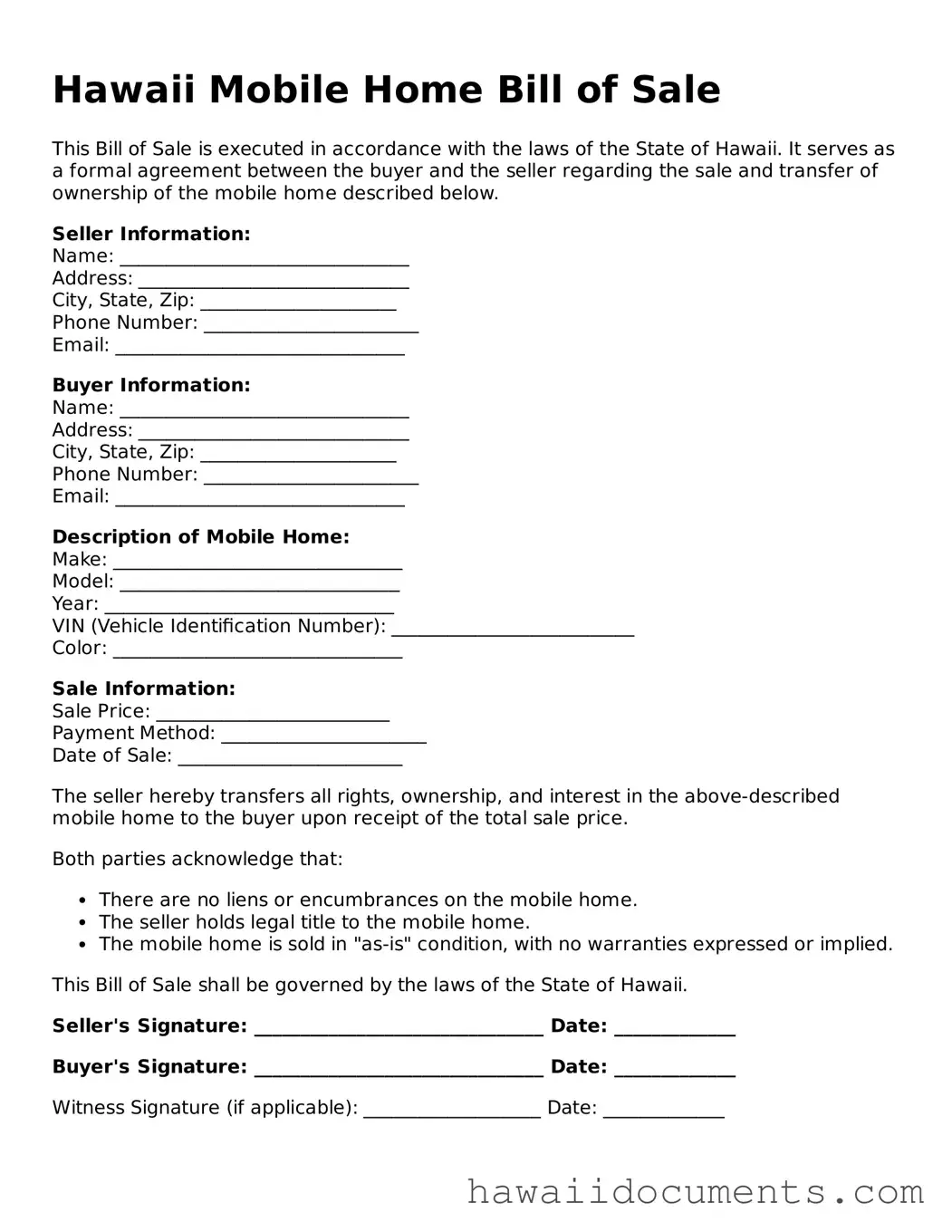 Printable  Mobile Home Bill of Sale Form for Hawaii