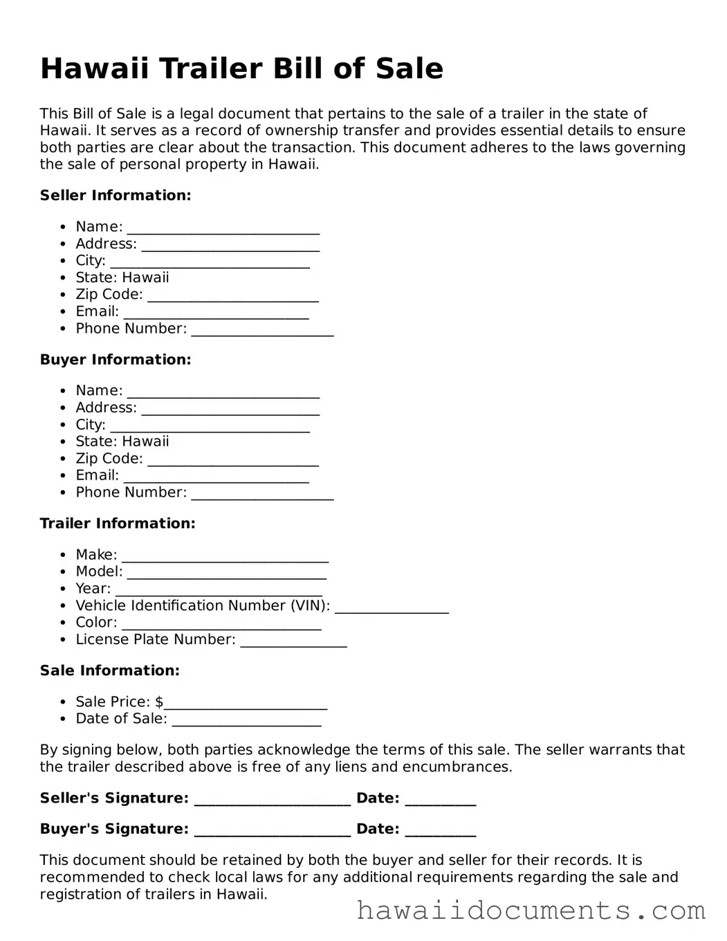 Printable  Trailer Bill of Sale Form for Hawaii