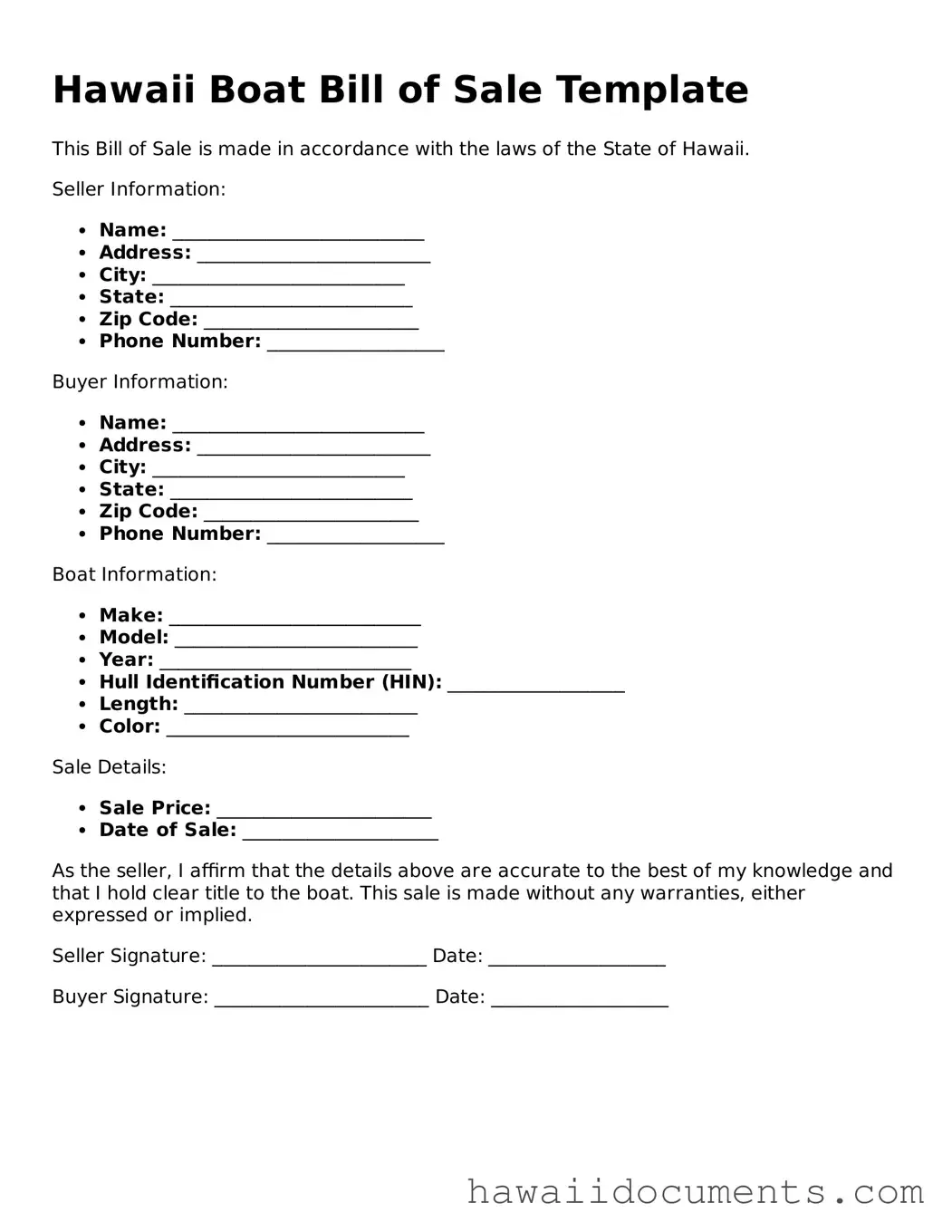 Printable  Boat Bill of Sale Form for Hawaii