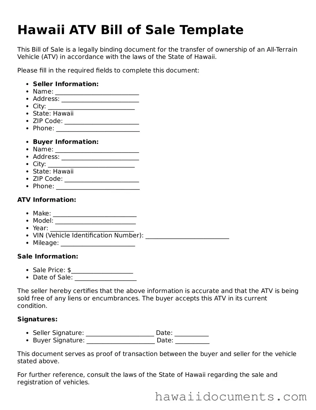 Printable  ATV Bill of Sale Form for Hawaii