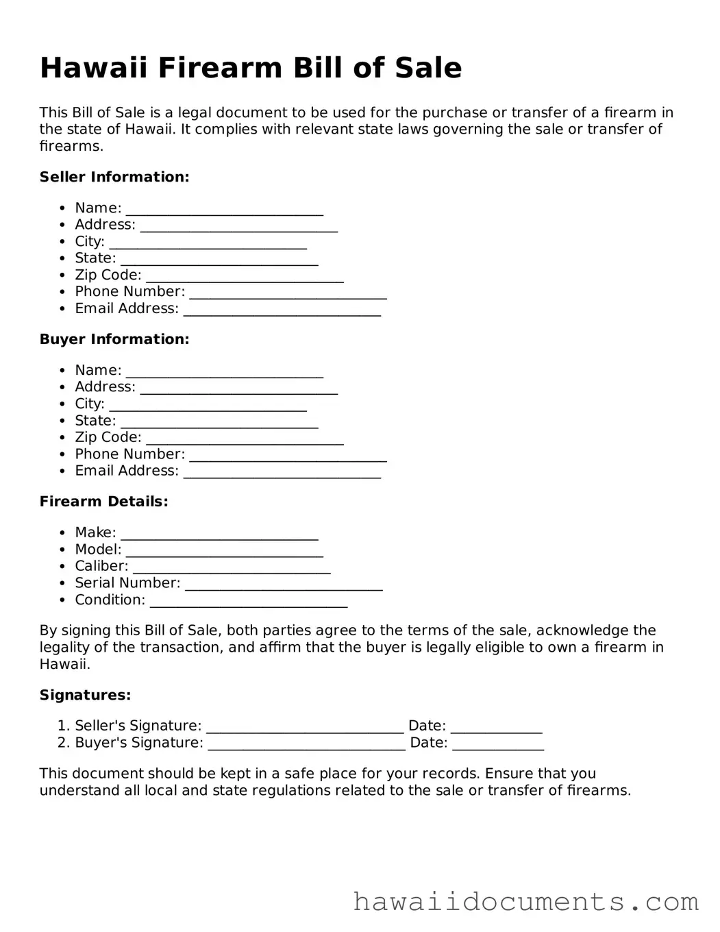 Printable  Firearm Bill of Sale Form for Hawaii