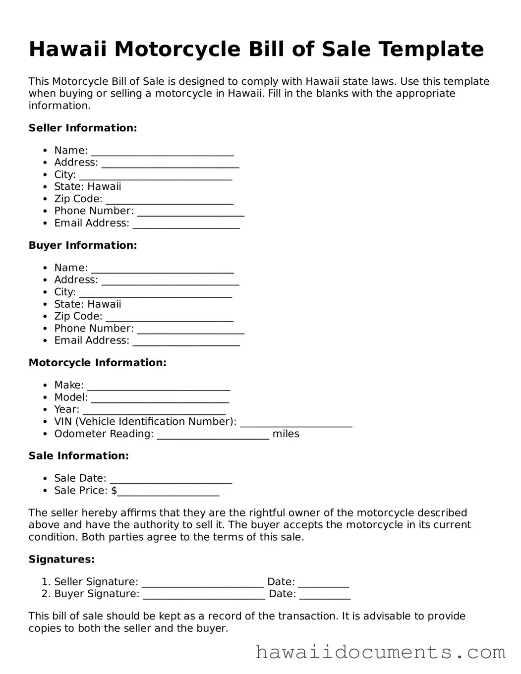 Printable  Motorcycle Bill of Sale Form for Hawaii