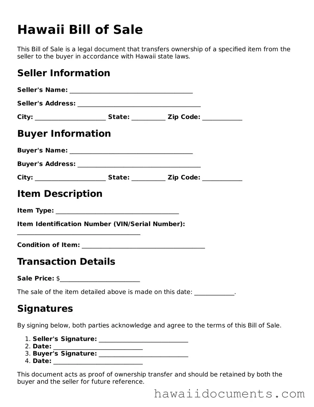 Printable  Bill of Sale Form for Hawaii
