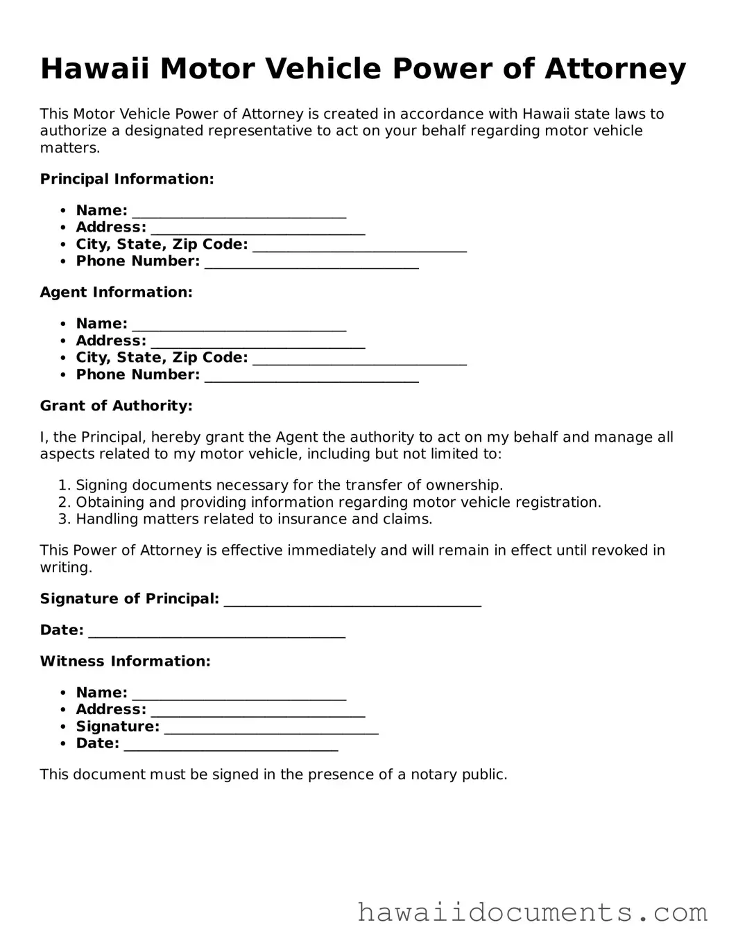 Printable  Motor Vehicle Power of Attorney Form for Hawaii