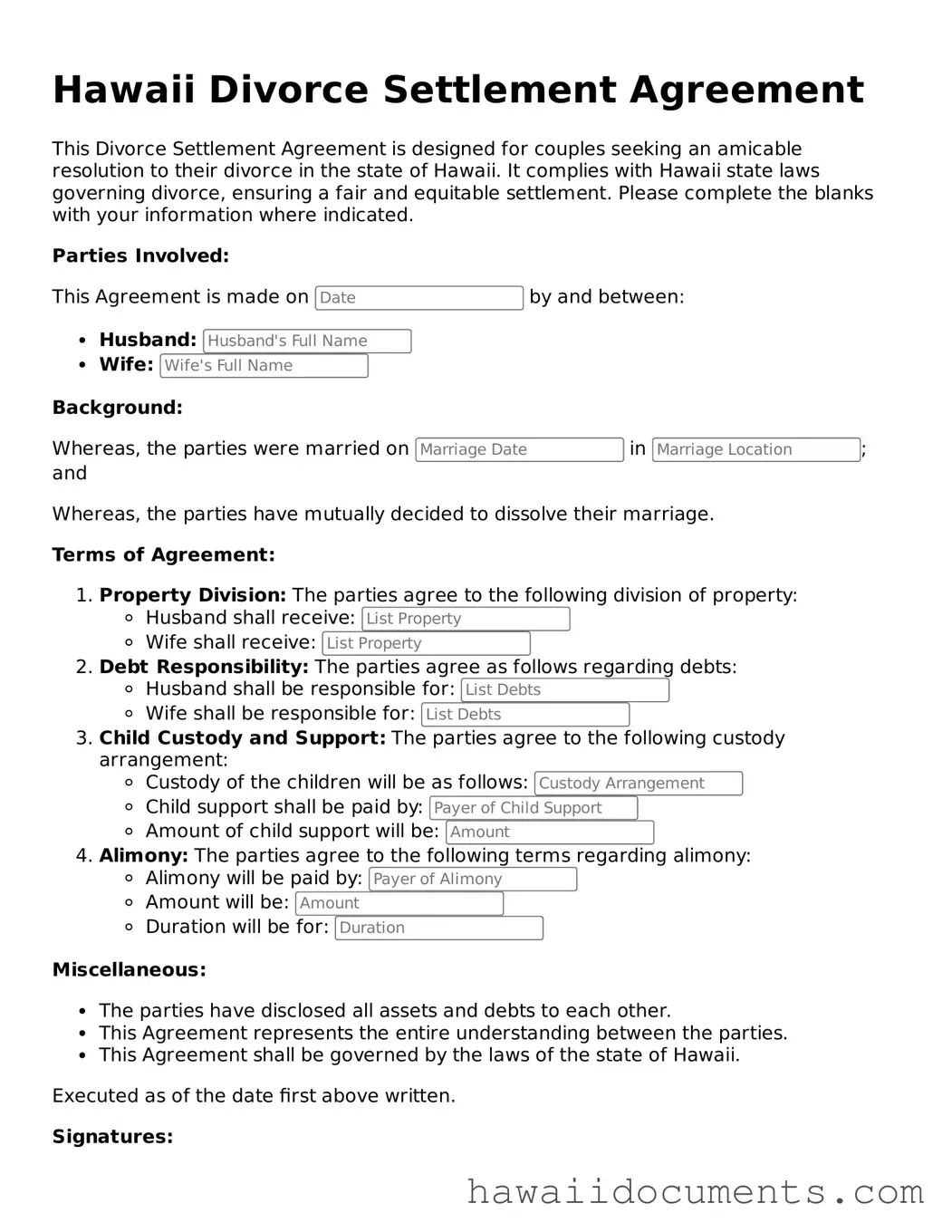 Printable  Divorce Settlement Agreement Form for Hawaii