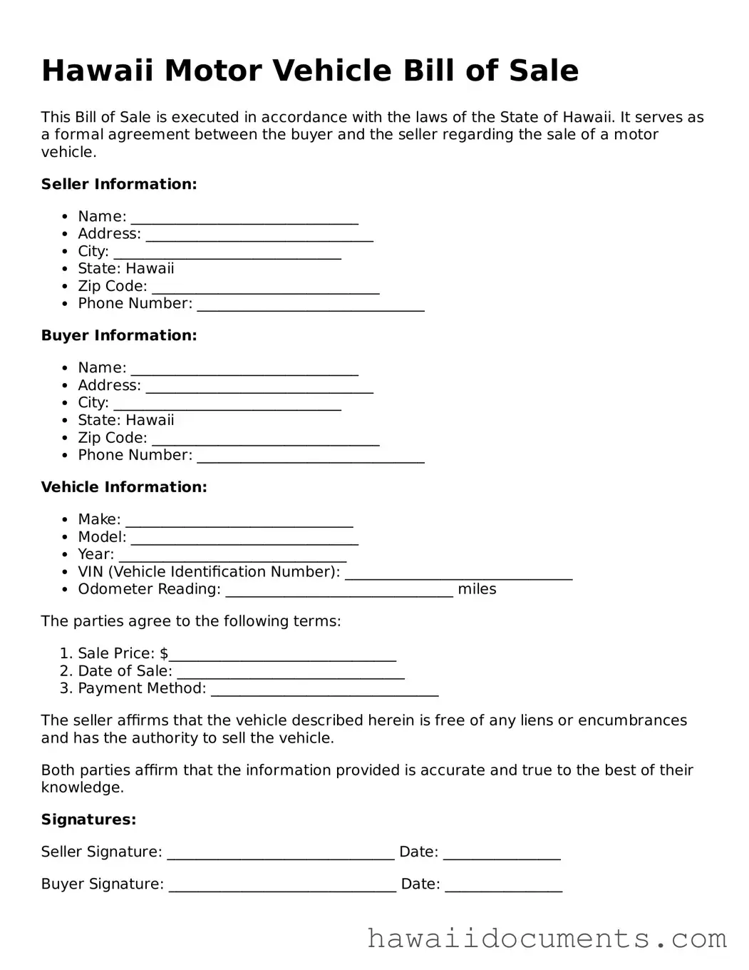 Printable  Motor Vehicle Bill of Sale Form for Hawaii