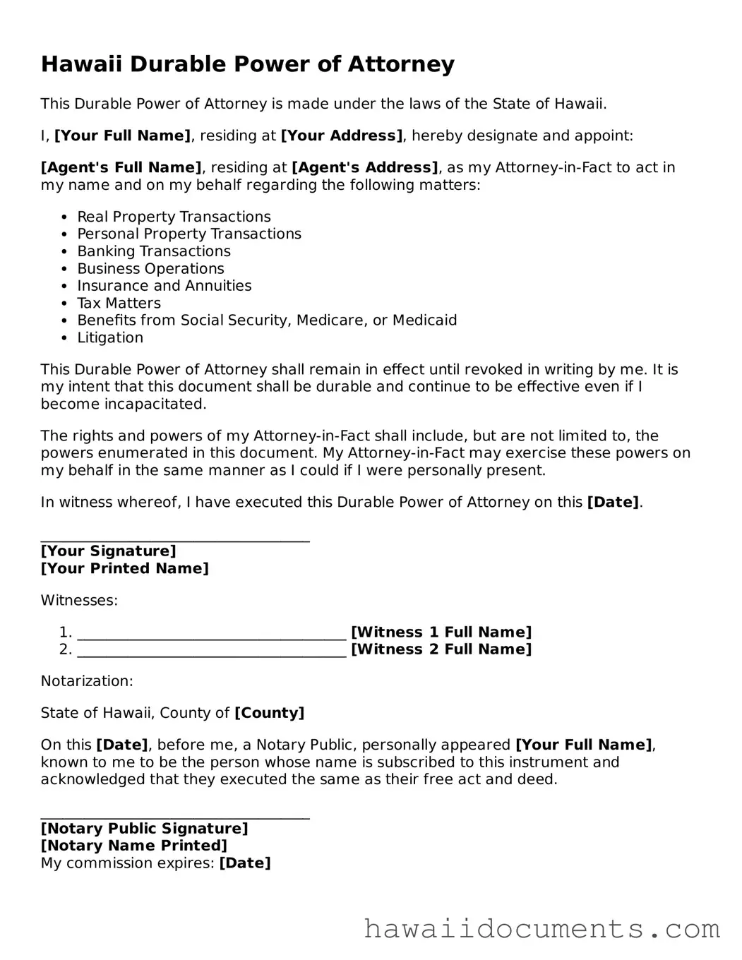 Printable  Durable Power of Attorney Form for Hawaii