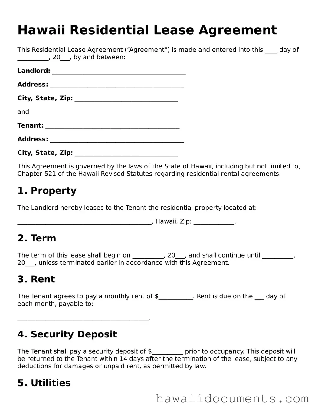 Printable  Residential Lease Agreement Form for Hawaii