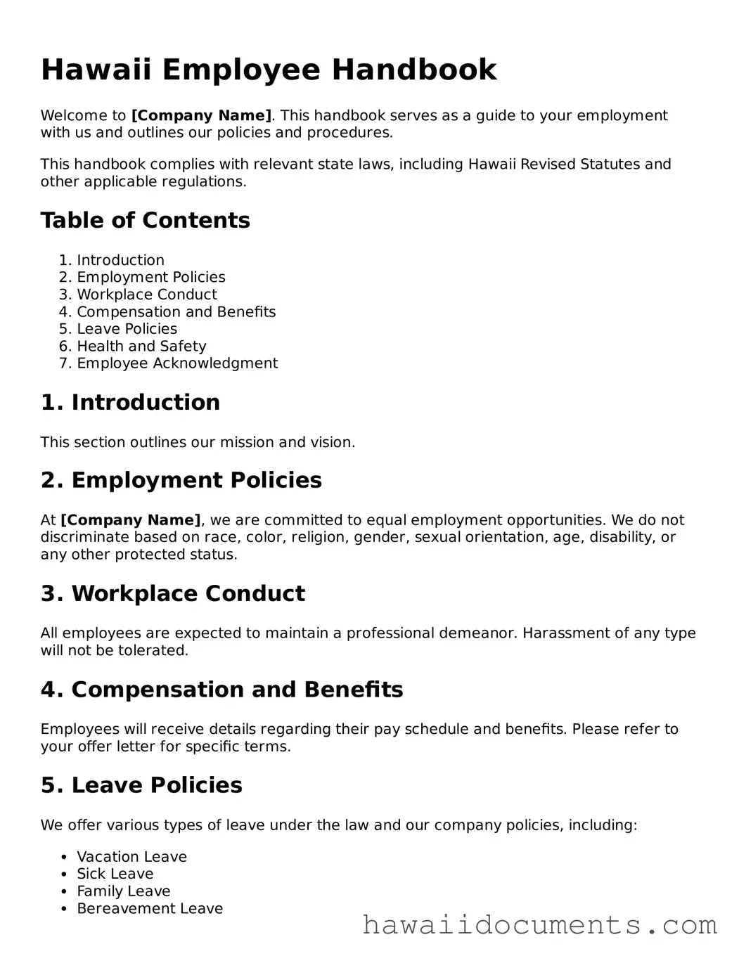 Printable  Employee Handbook Form for Hawaii