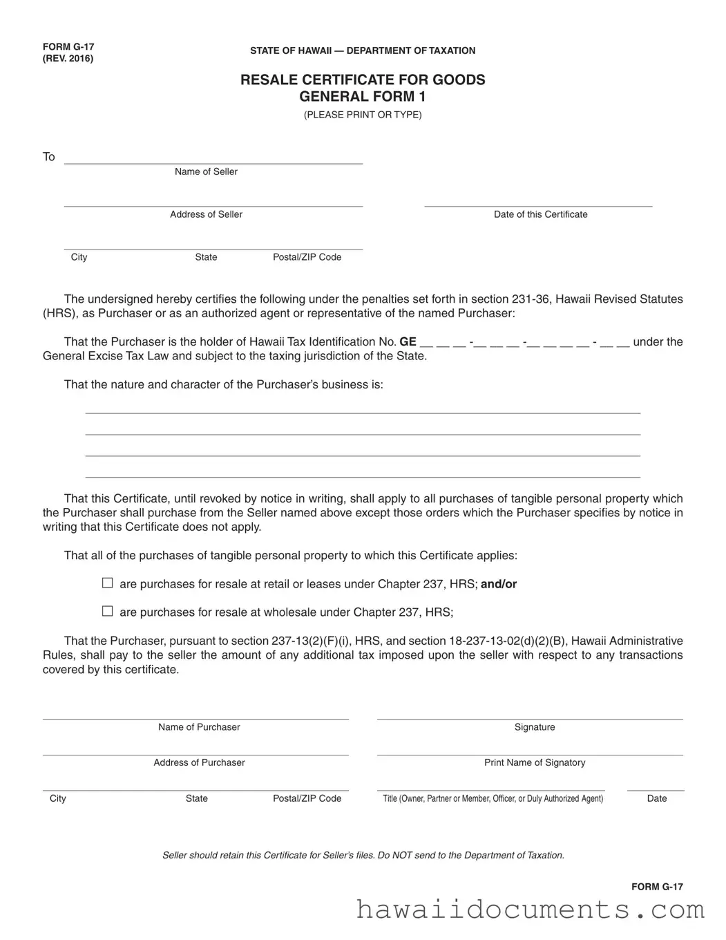 Fill Your Hawaii G 17 Form