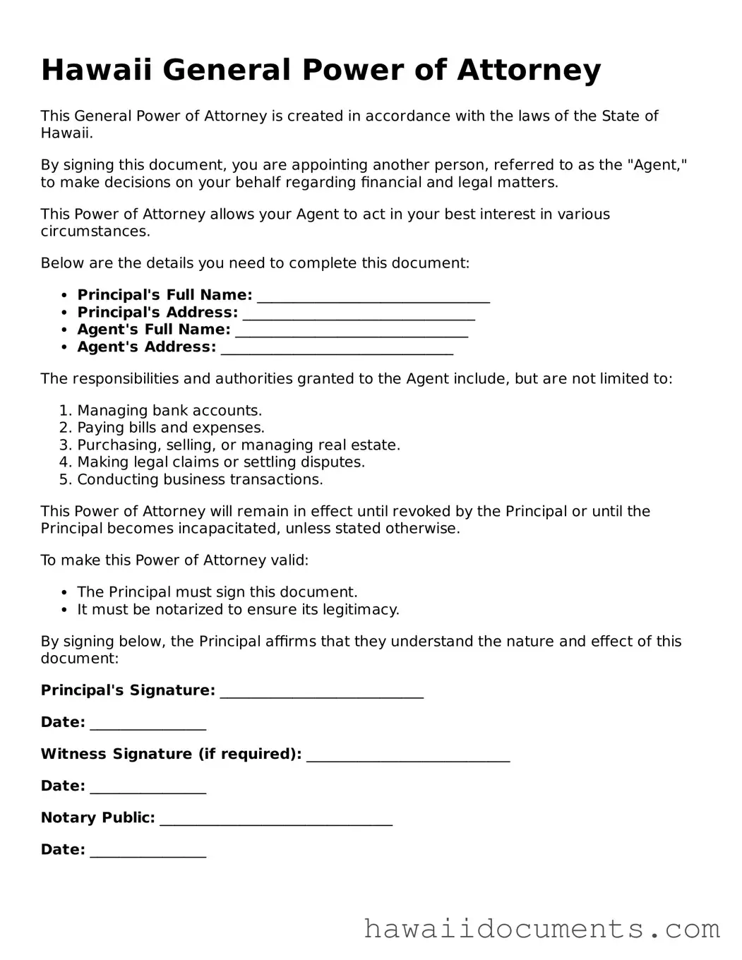 Printable  General Power of Attorney Form for Hawaii