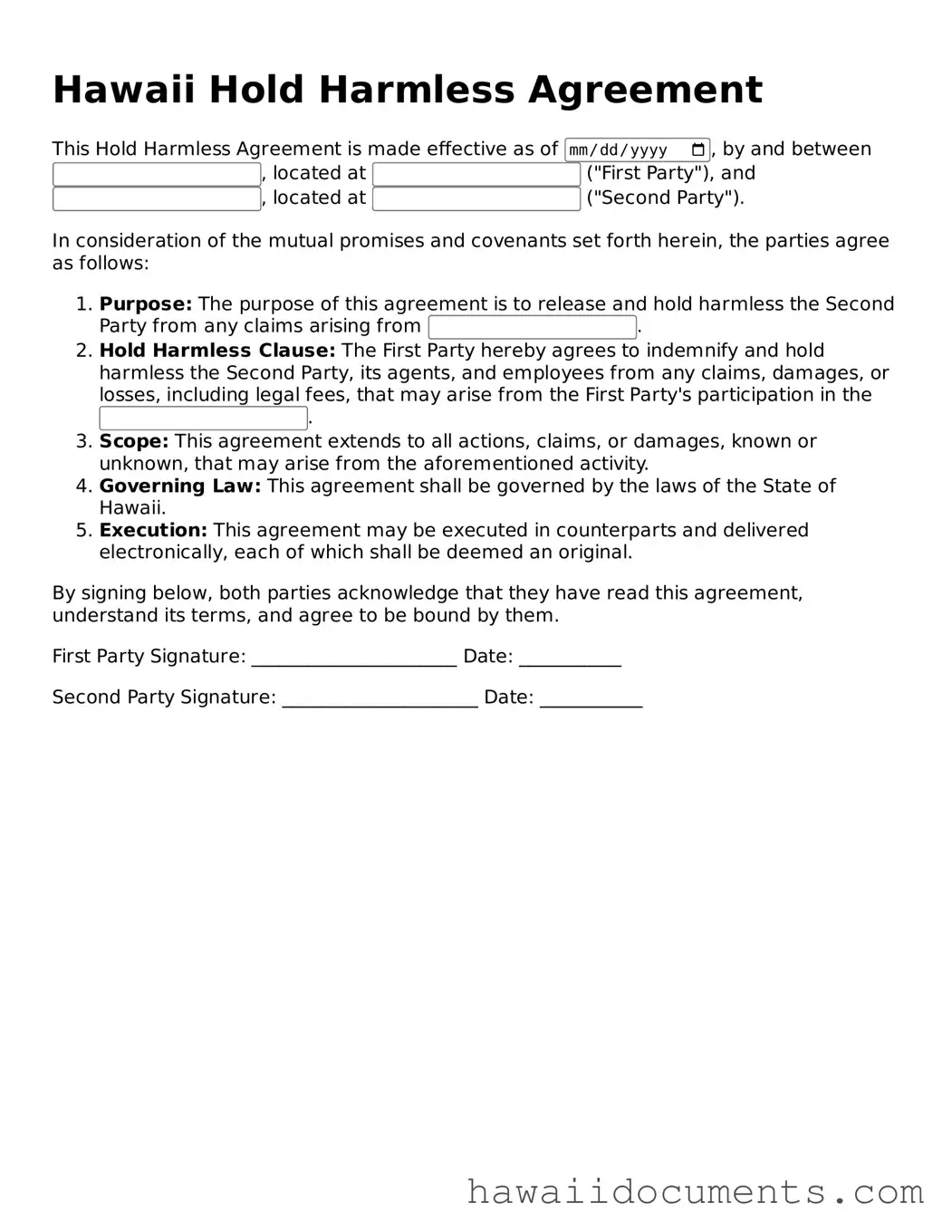 Printable  Hold Harmless Agreement Form for Hawaii