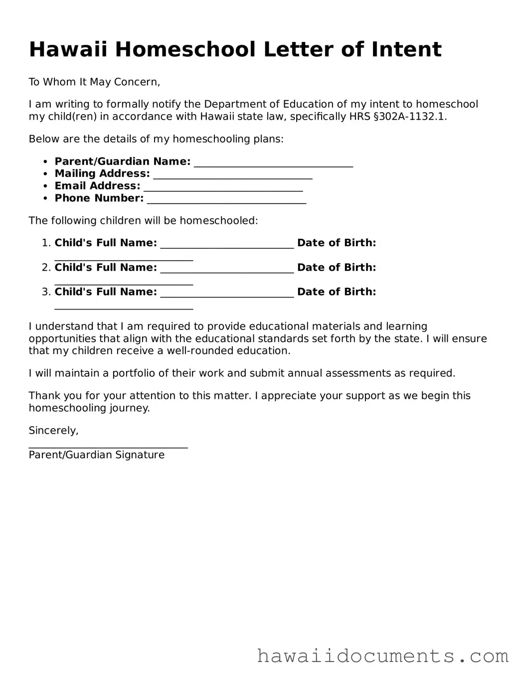 Printable  Homeschool Letter of Intent Form for Hawaii