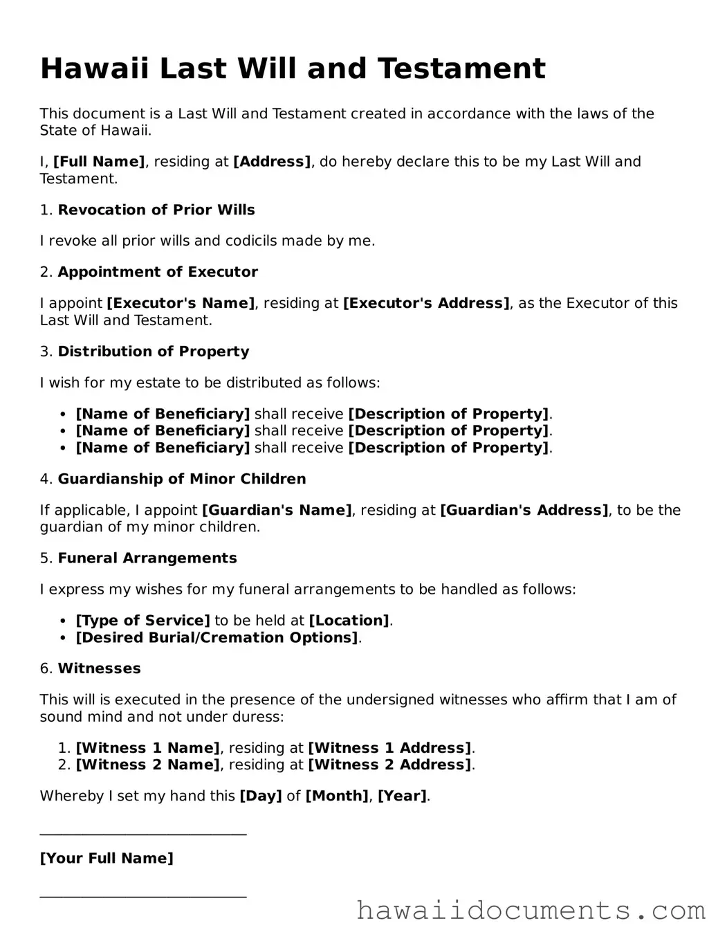 Printable  Last Will and Testament Form for Hawaii