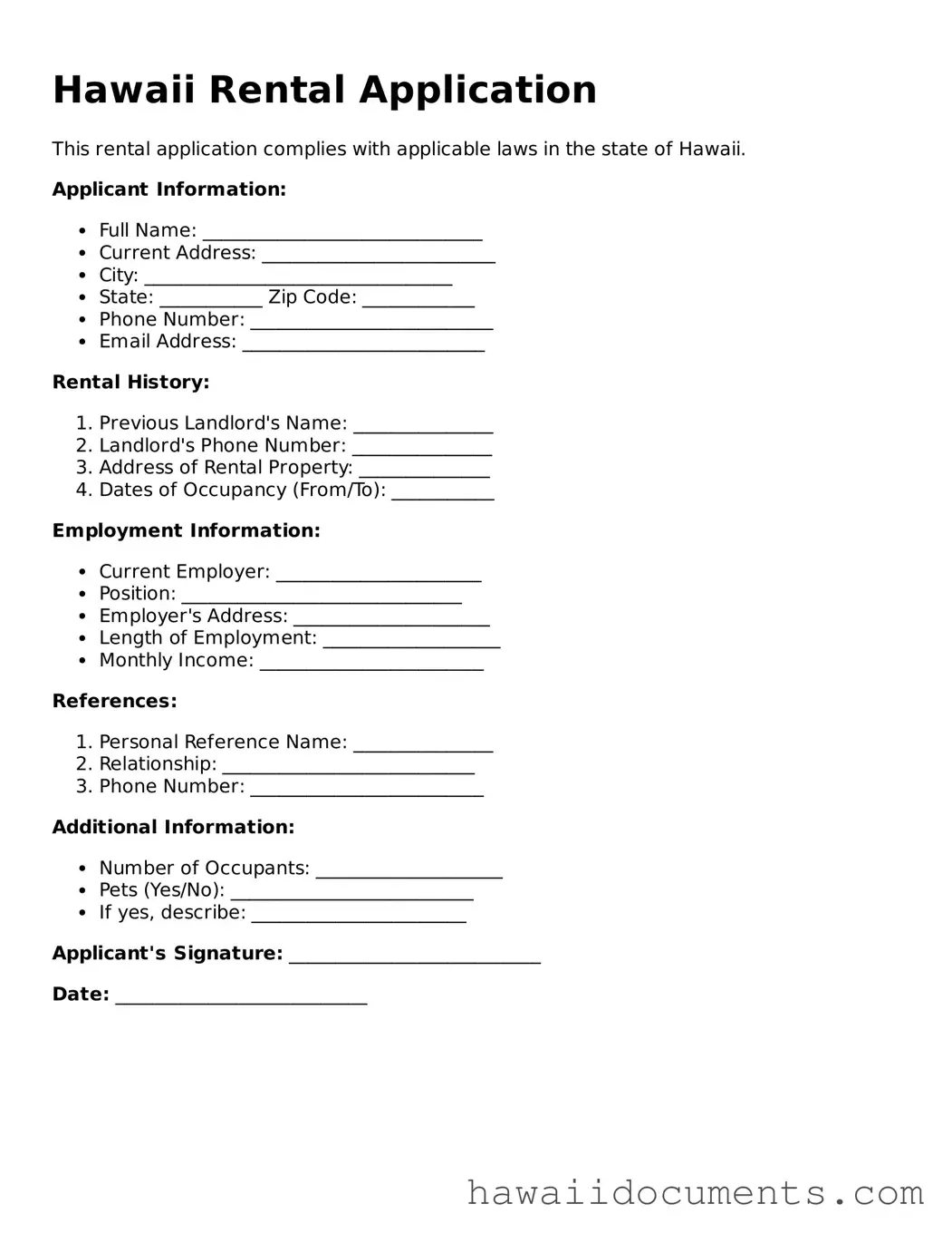 Printable  Rental Application Form for Hawaii