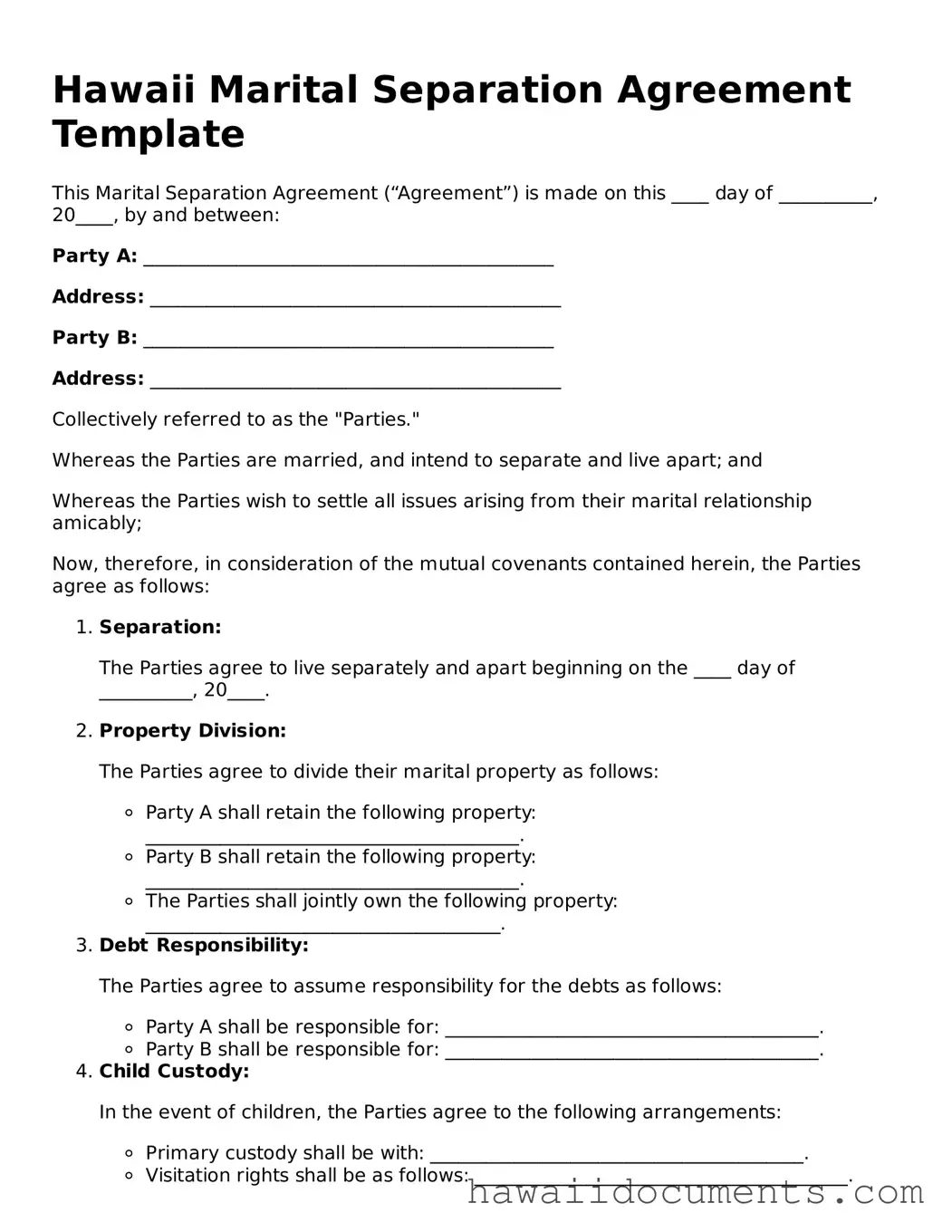 Printable  Marital Separation Agreement Form for Hawaii