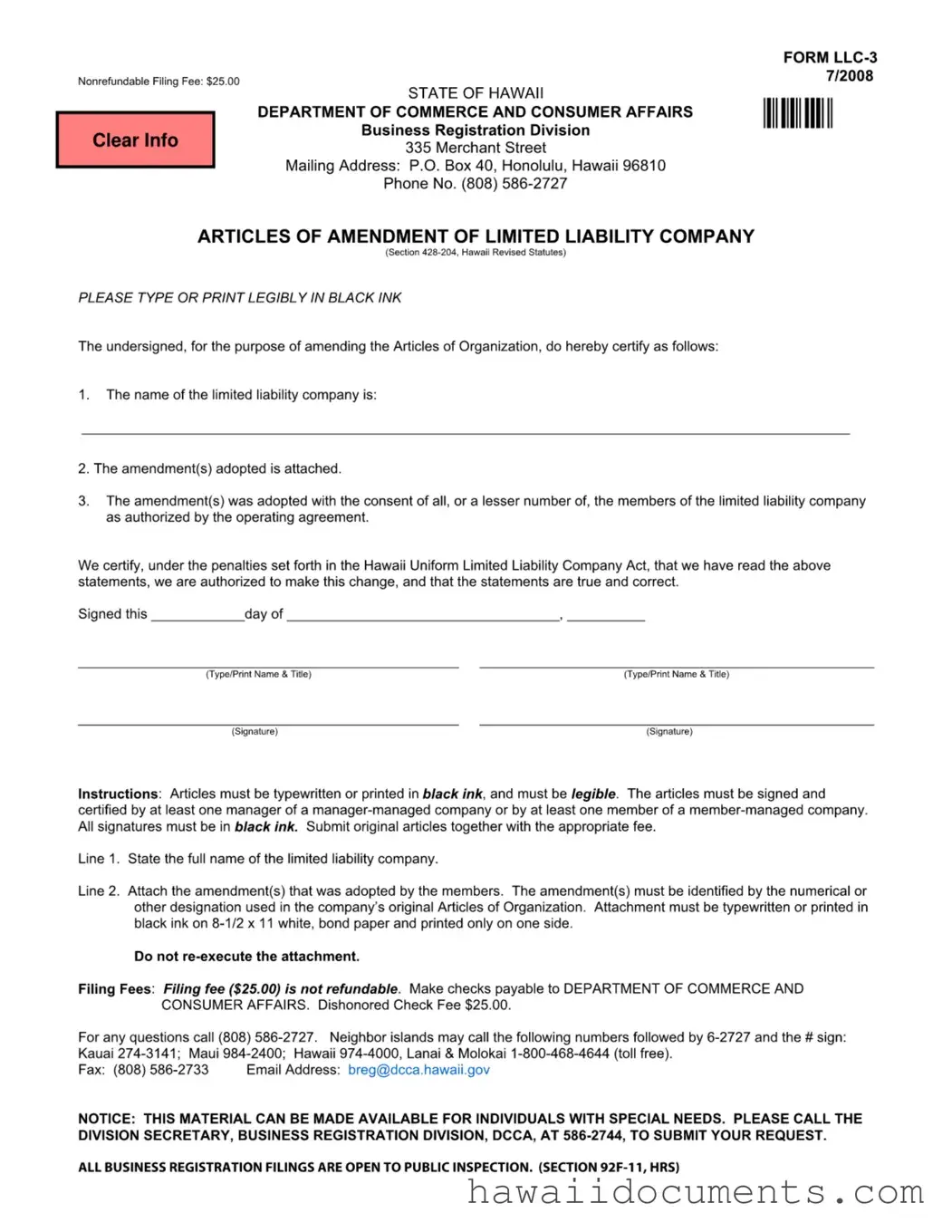 Fill Your Hawaii Llc 3 Form