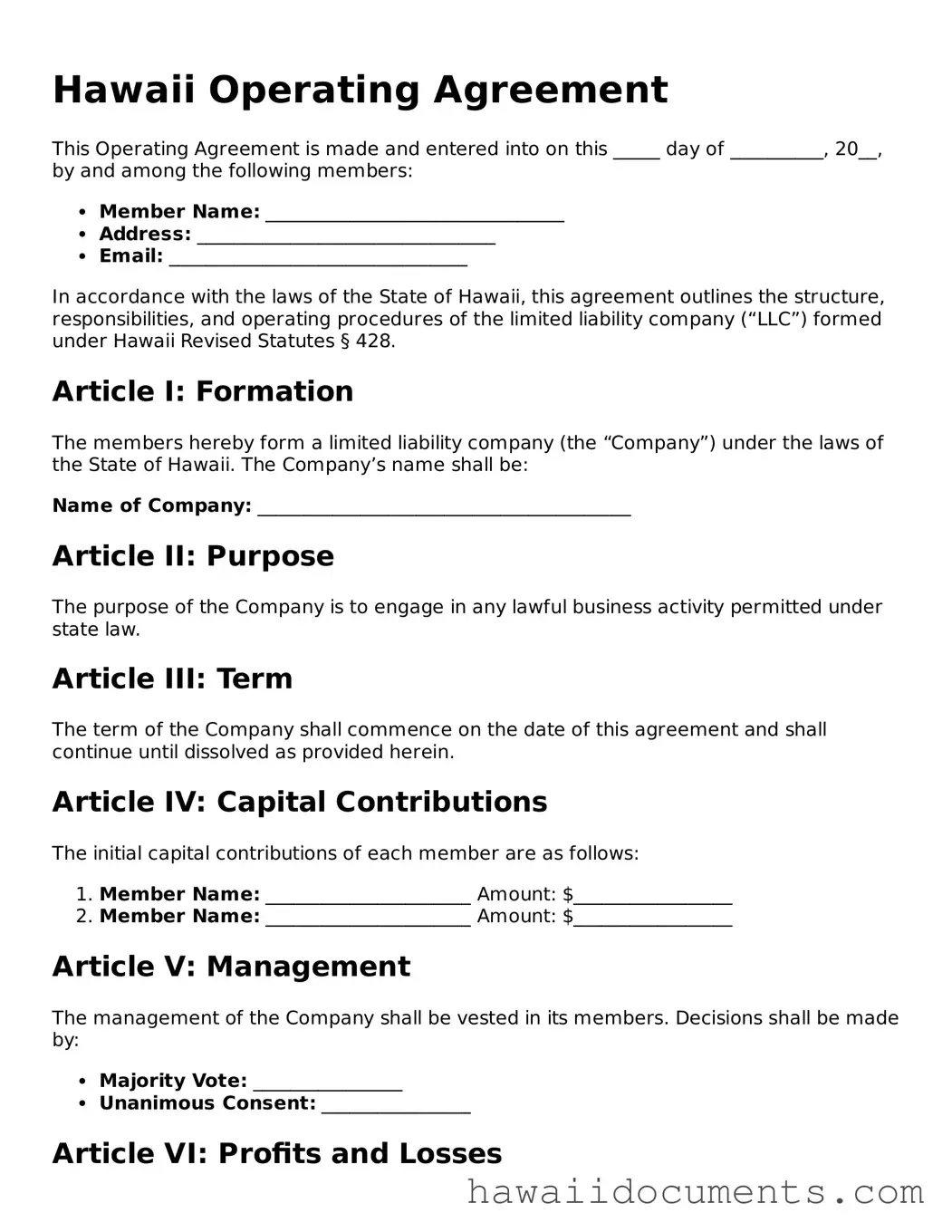 Printable  Operating Agreement Form for Hawaii