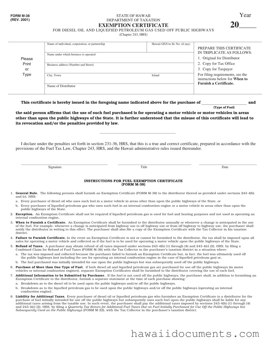 Fill Your Hawaii M 38 Form