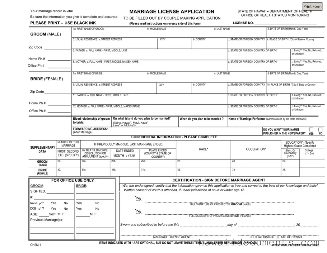 Fill Your Hawaii Marriage Licens Application Form