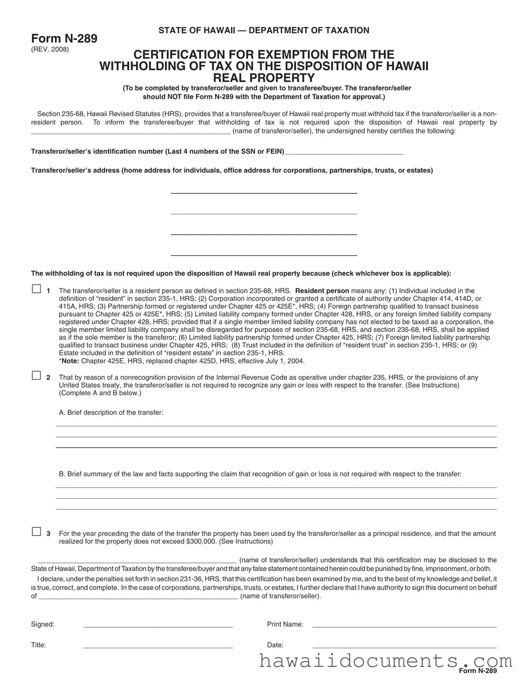 Fill Your Hawaii N 289 Form