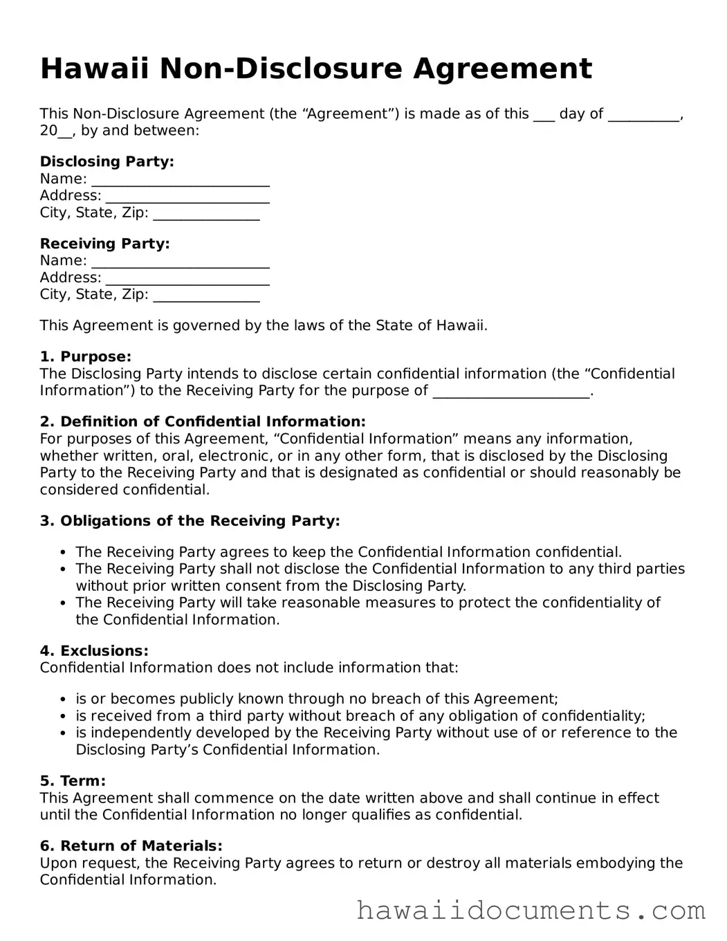 Printable  Non-disclosure Agreement Form for Hawaii