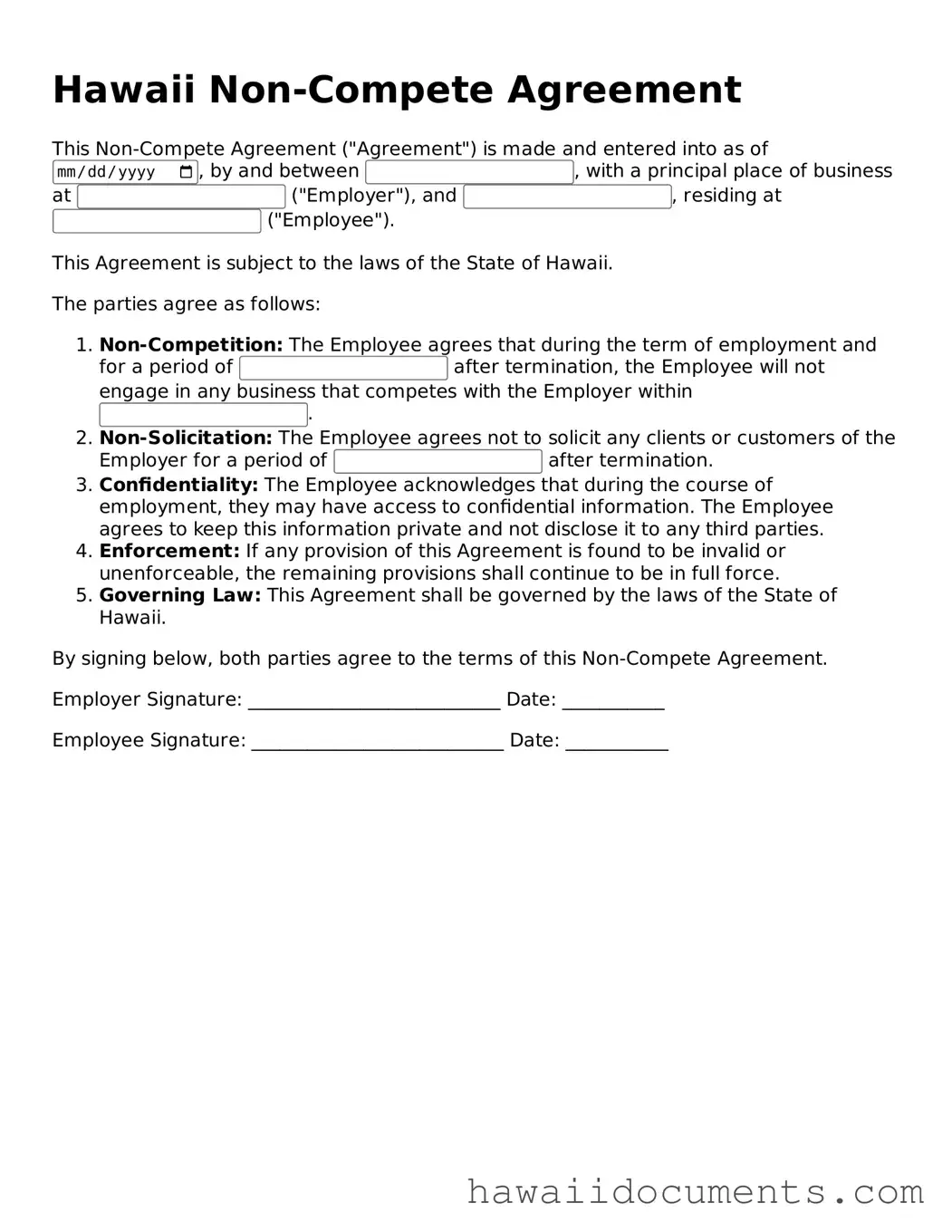 Printable  Non-compete Agreement Form for Hawaii