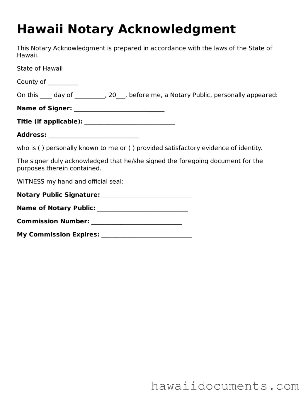 Printable  Notary Acknowledgement Form for Hawaii