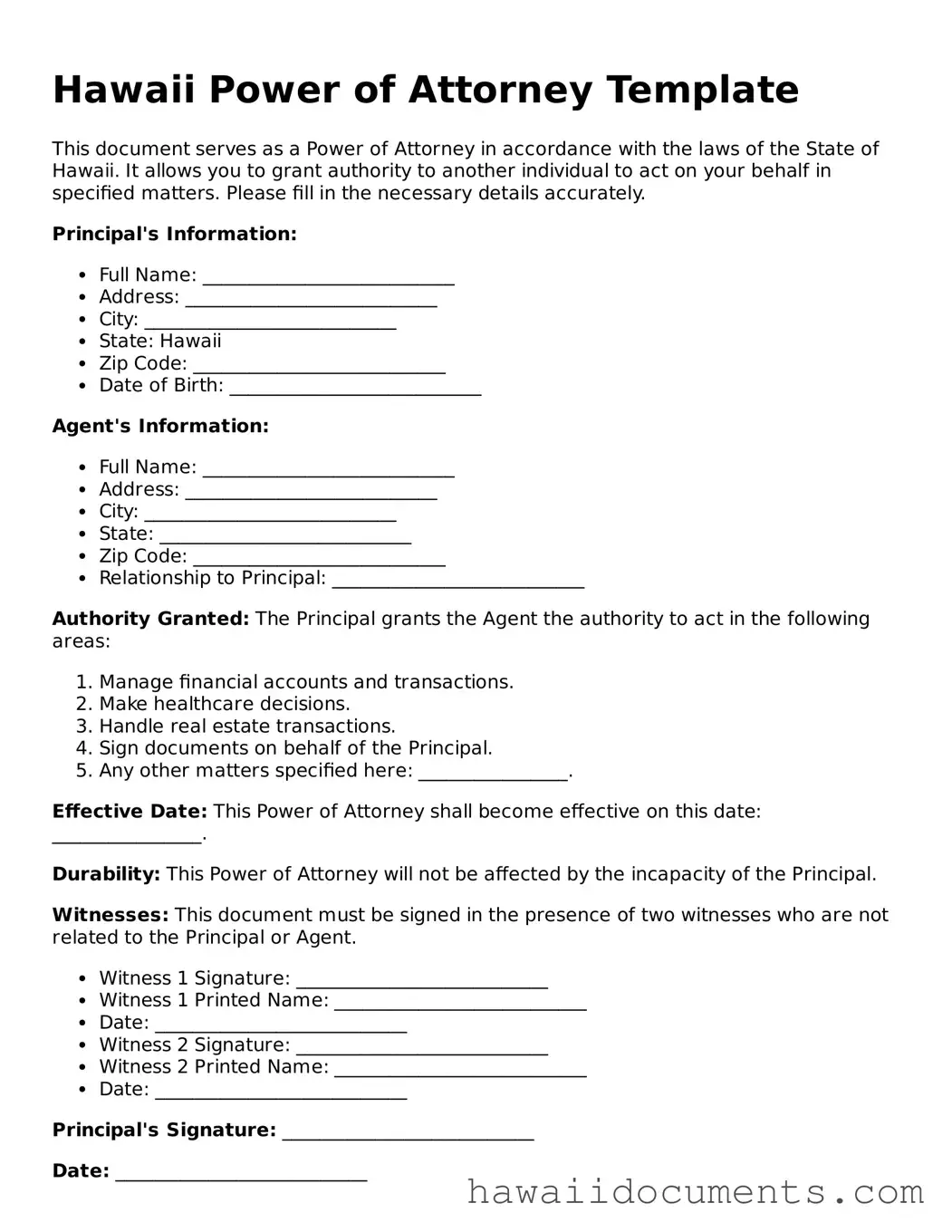 Printable  Power of Attorney Form for Hawaii