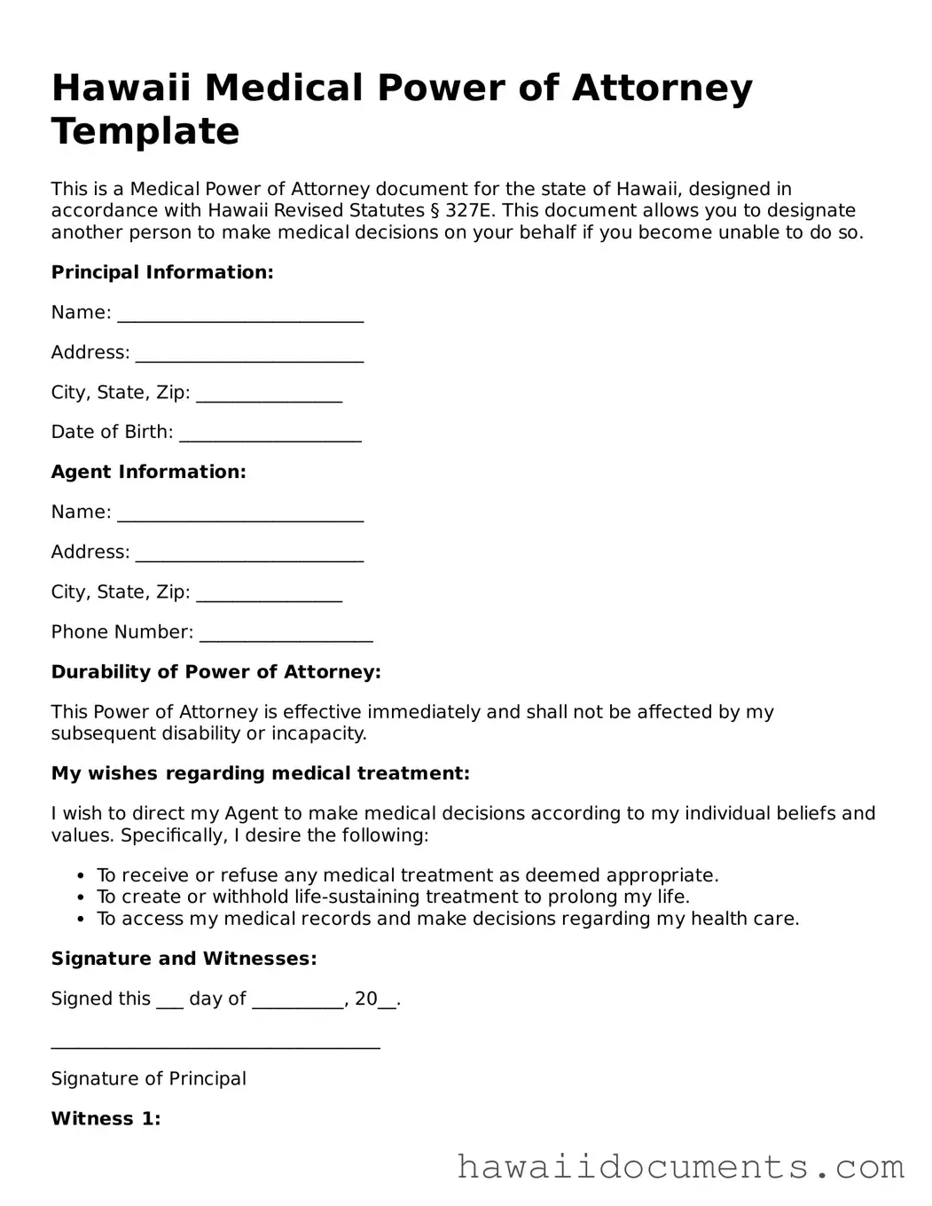 Printable  Medical Power of Attorney Form for Hawaii