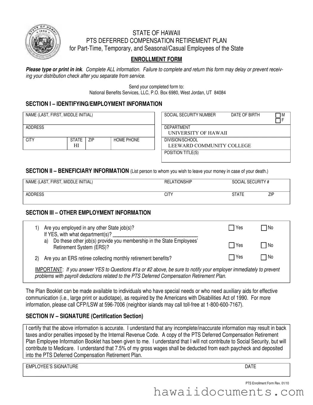 Fill Your Hawaii Pts Enrollment Form