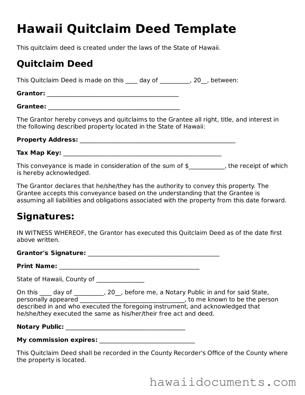 Printable  Quitclaim Deed Form for Hawaii