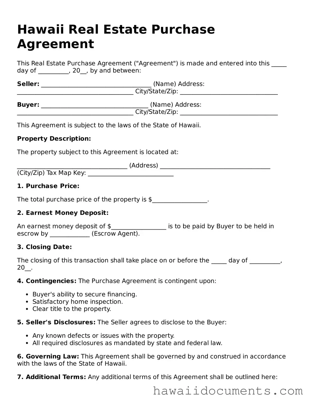 Printable  Real Estate Purchase Agreement Form for Hawaii