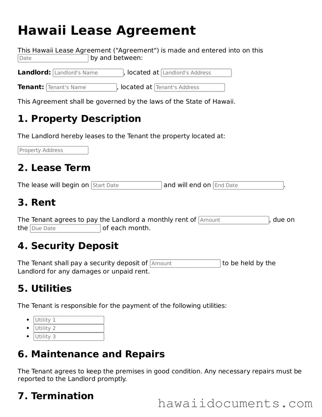 Printable  Lease Agreement Form for Hawaii