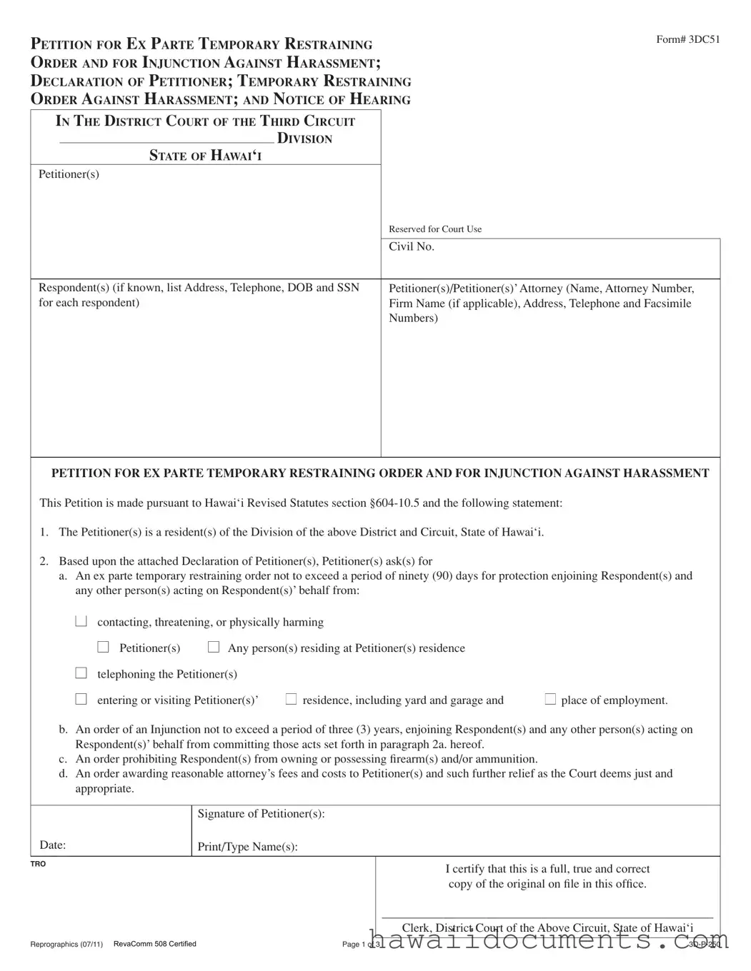 Fill Your Hawaii Restraining Order Form