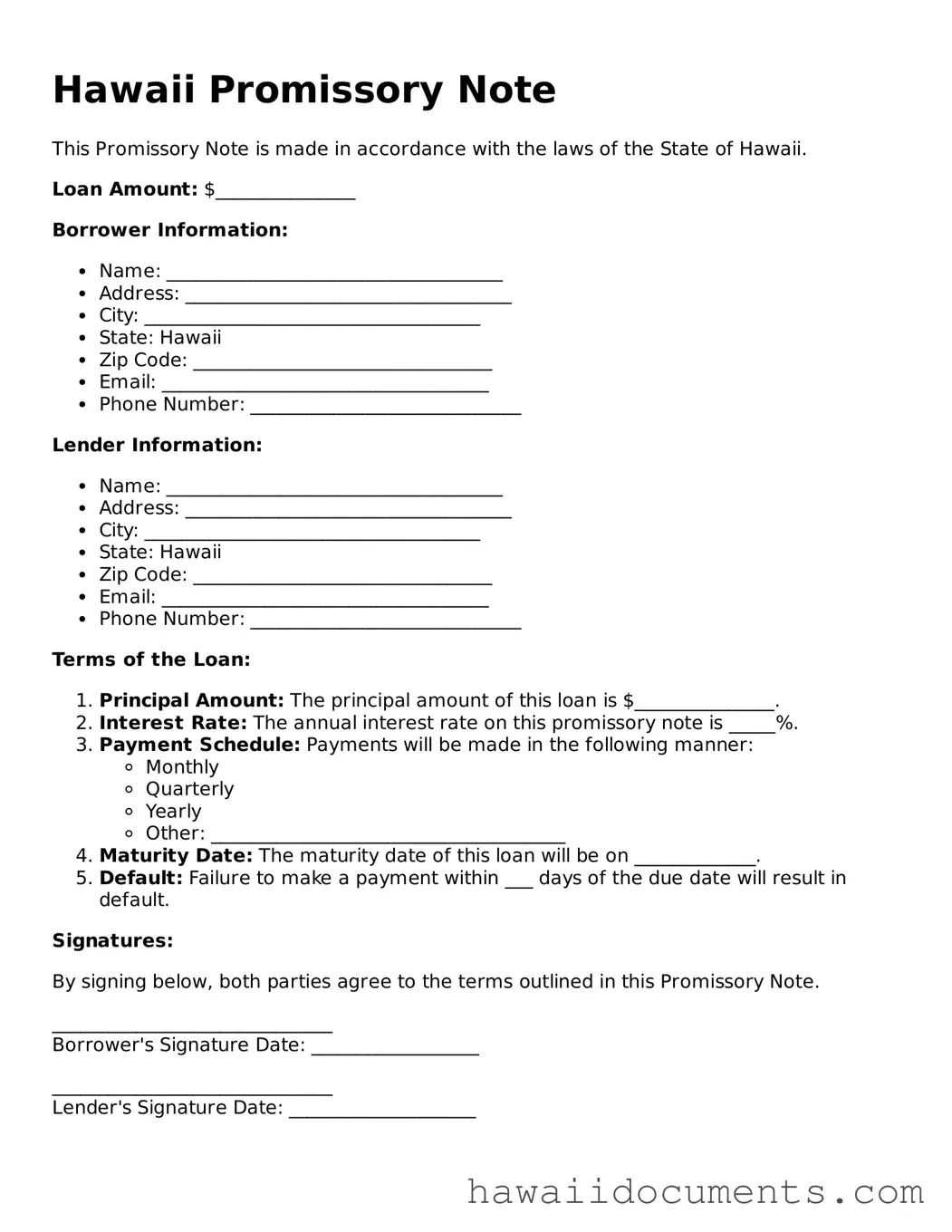Printable  Promissory Note Form for Hawaii