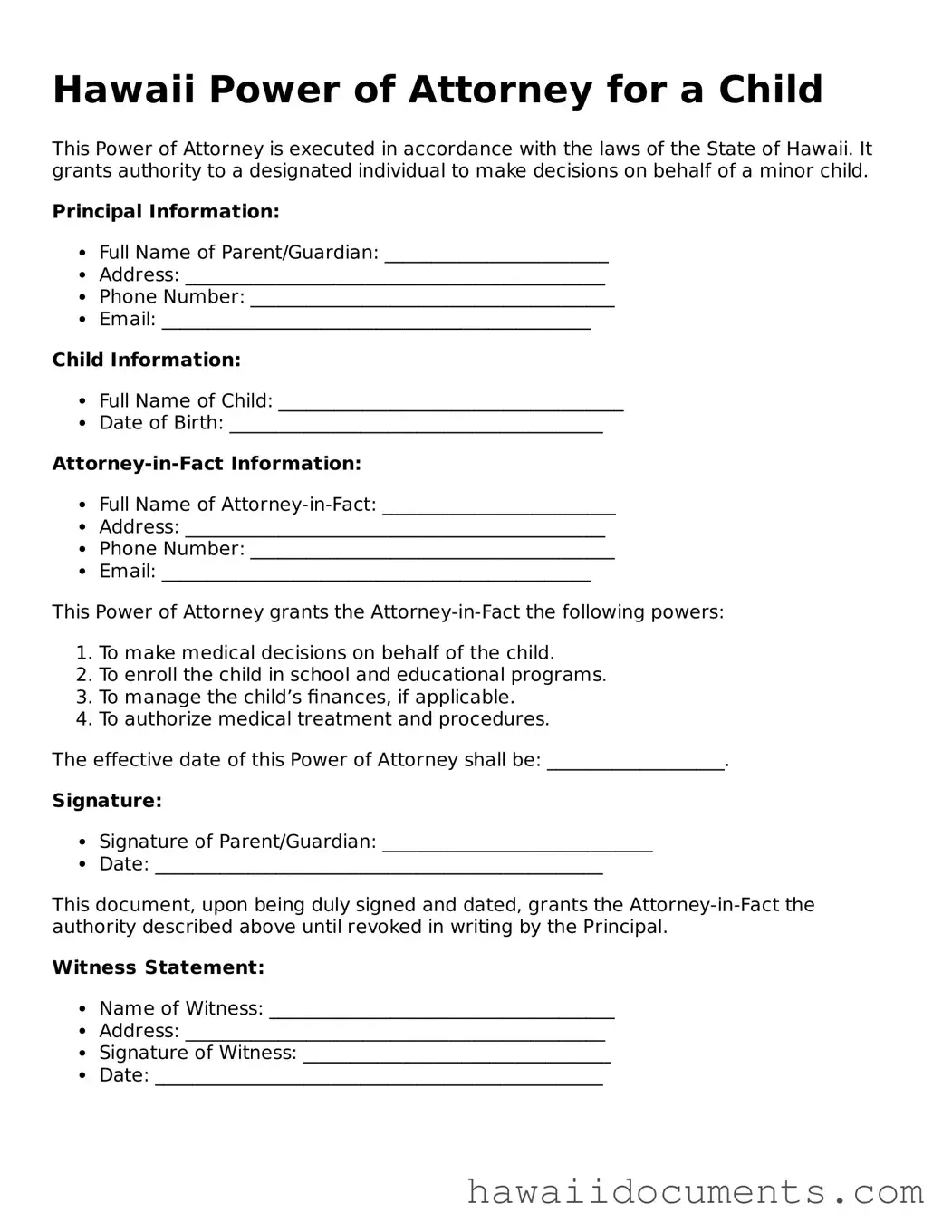 Printable  Power of Attorney for a Child Form for Hawaii