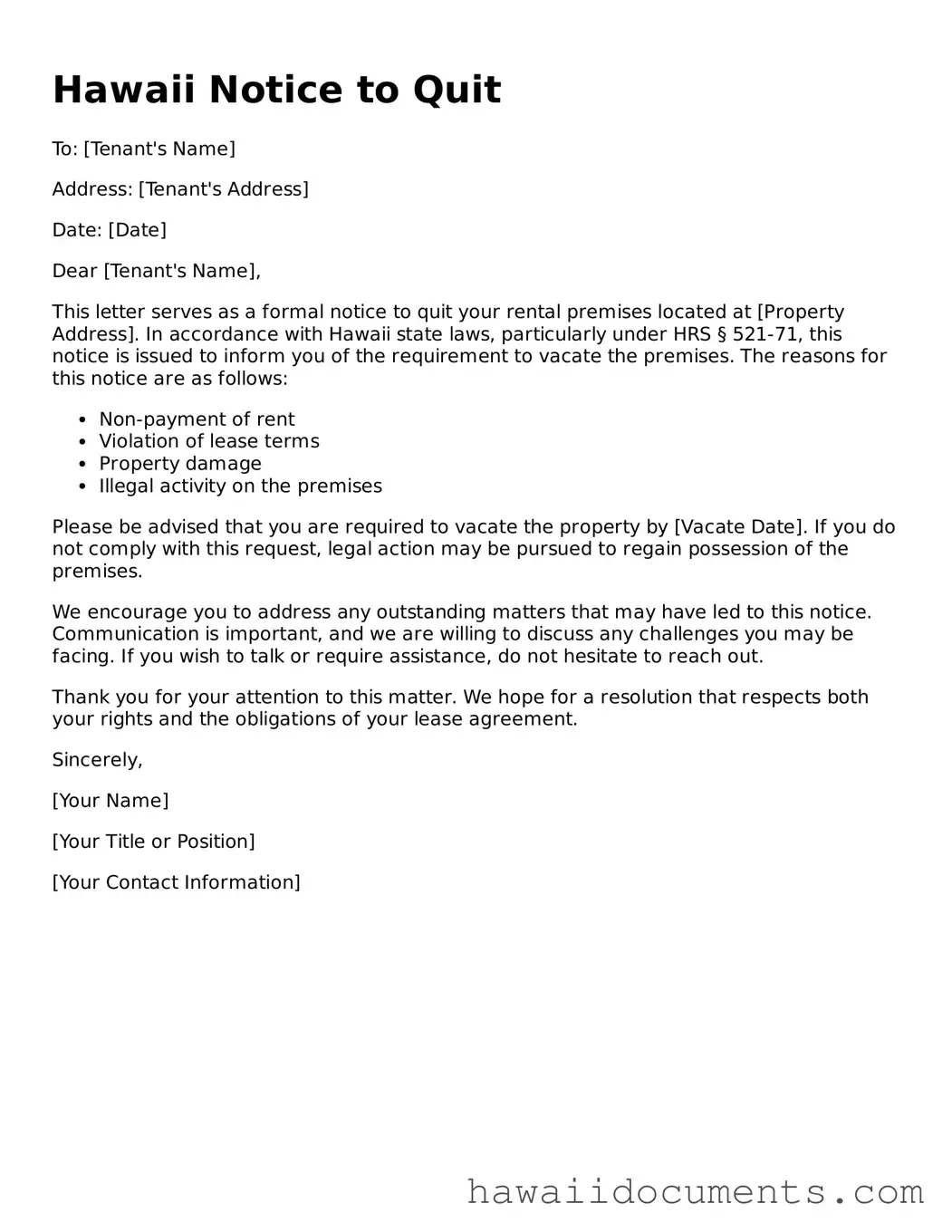 Printable  Notice to Quit Form for Hawaii