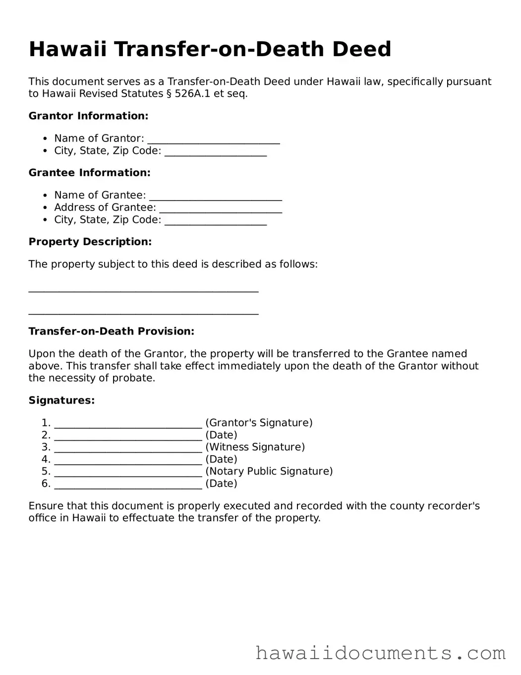 Printable  Transfer-on-Death Deed Form for Hawaii