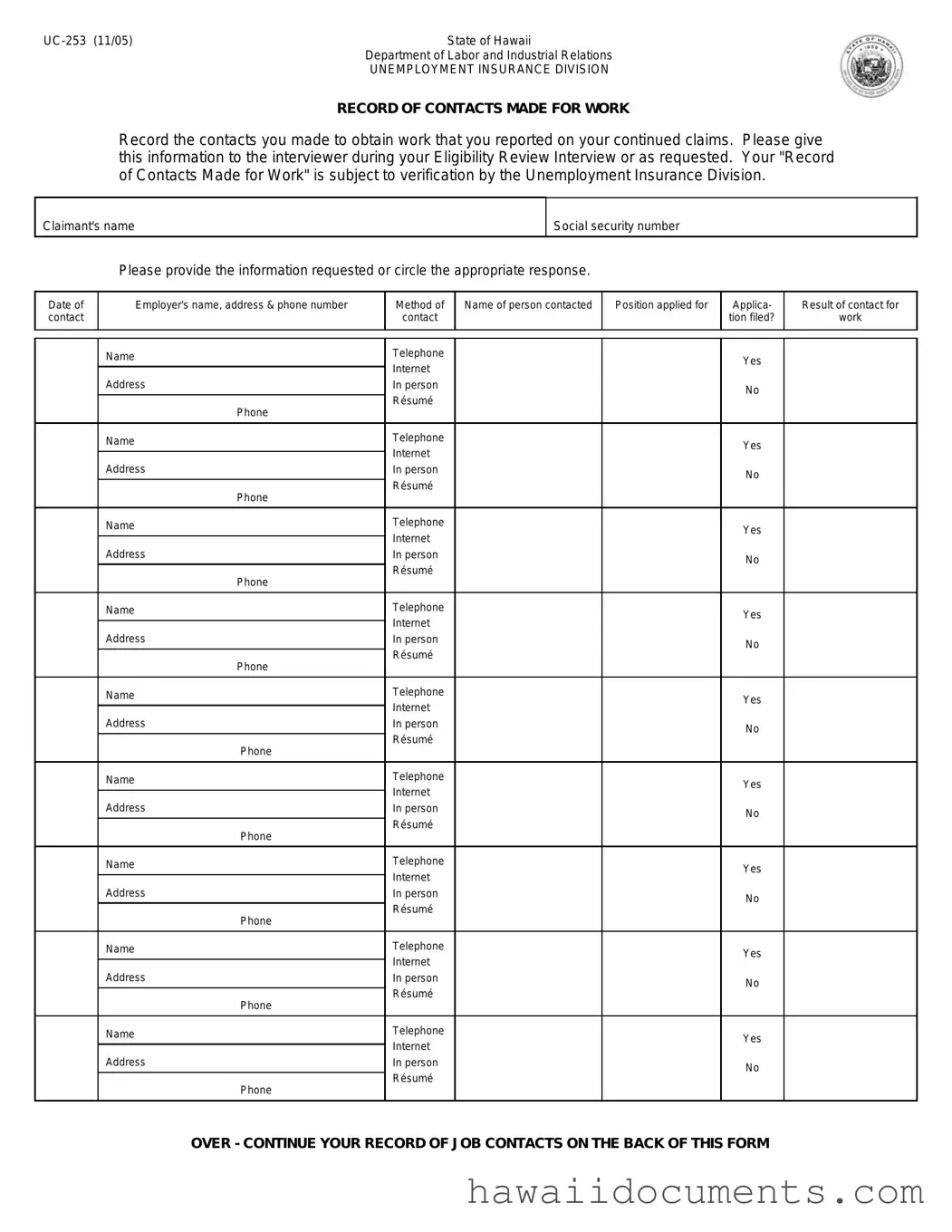 Fill Your Hawaii Uc 253 Form