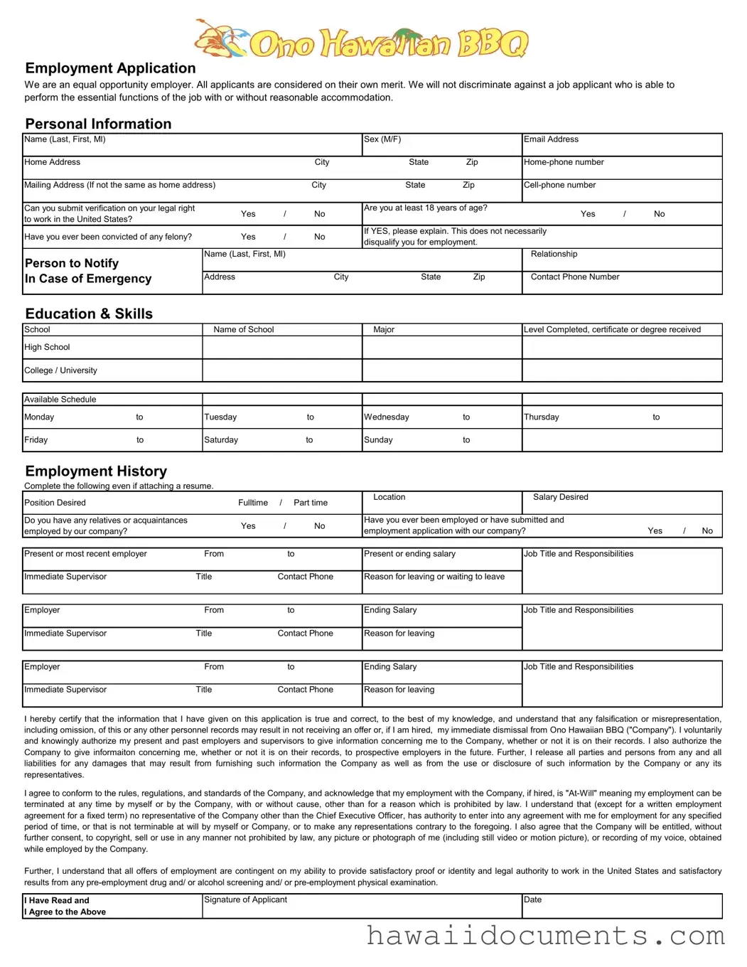 Fill Your Ono Hawaiian Bbq Job Application Form
