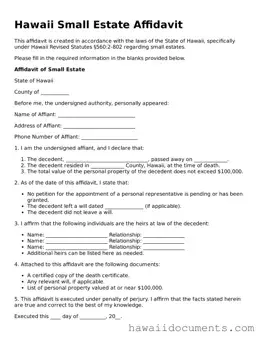 Printable  Small Estate Affidavit Form for Hawaii