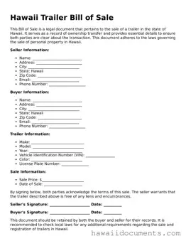 Printable  Trailer Bill of Sale Form for Hawaii