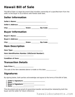 Printable  Bill of Sale Form for Hawaii