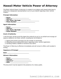Printable  Motor Vehicle Power of Attorney Form for Hawaii