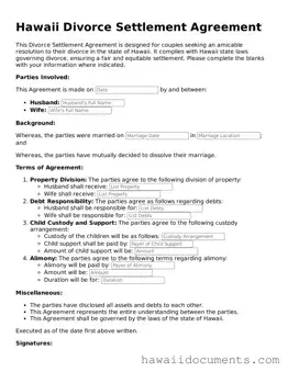 Printable  Divorce Settlement Agreement Form for Hawaii