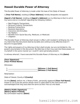 Printable  Durable Power of Attorney Form for Hawaii